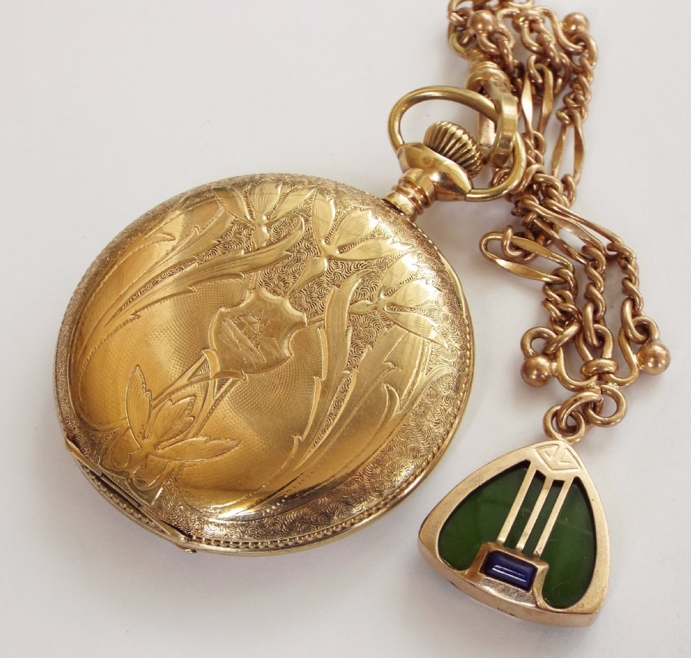 Art Nouveau hunter pocket watch and albert, 1912 View III