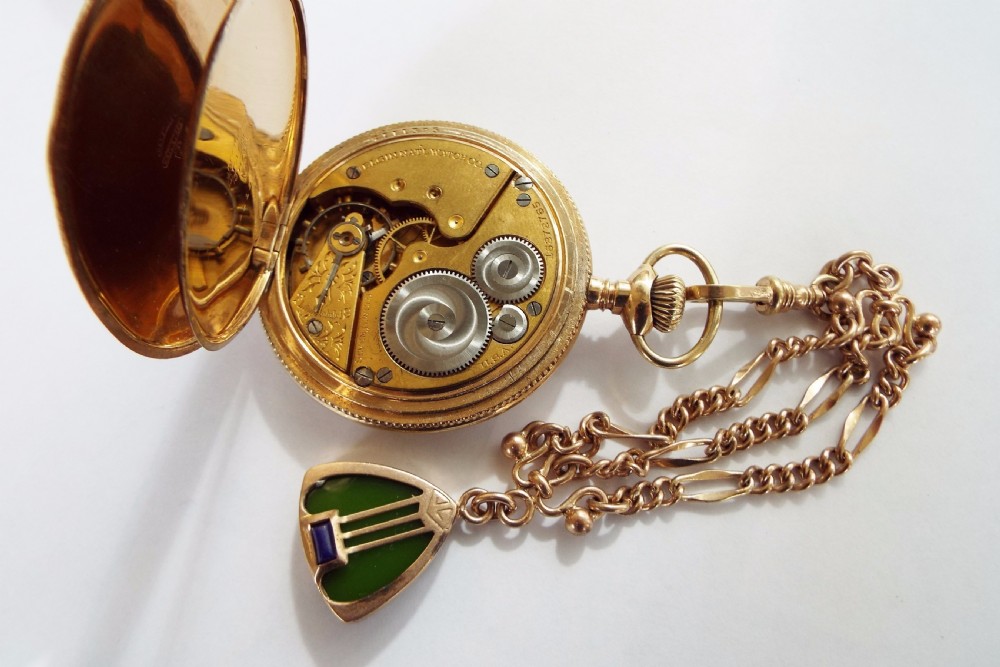 Art Nouveau hunter pocket watch and albert, 1912 View IV