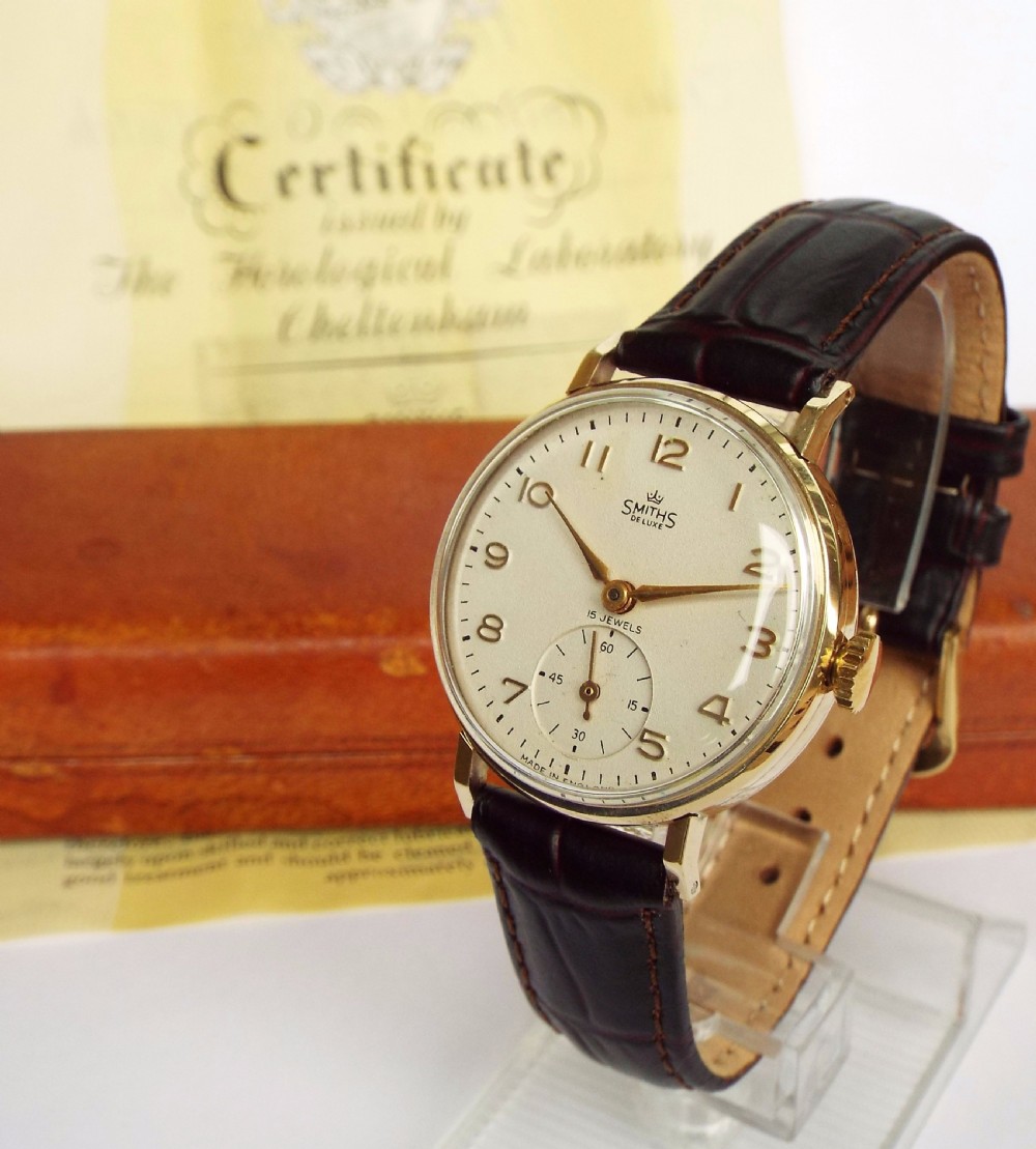 Gents 9ct gold Smiths De Luxe watch, box & papers, 1957