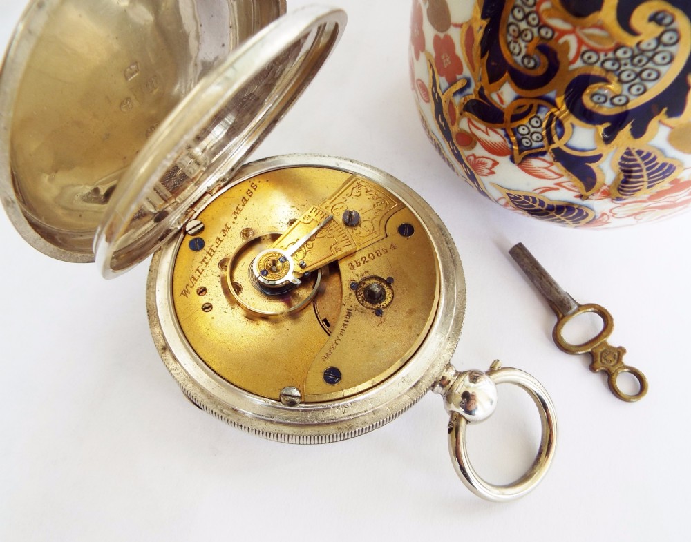 An antique silver Waltham pocket watch, 1887 View III