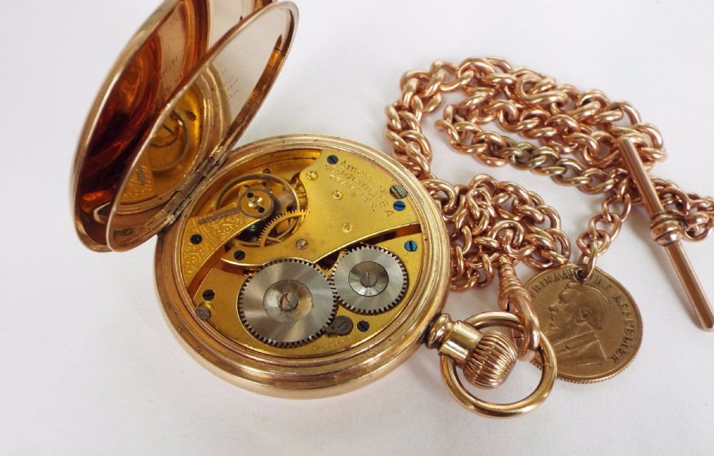1903 Waltham Traveler pocket watch with chain  View V