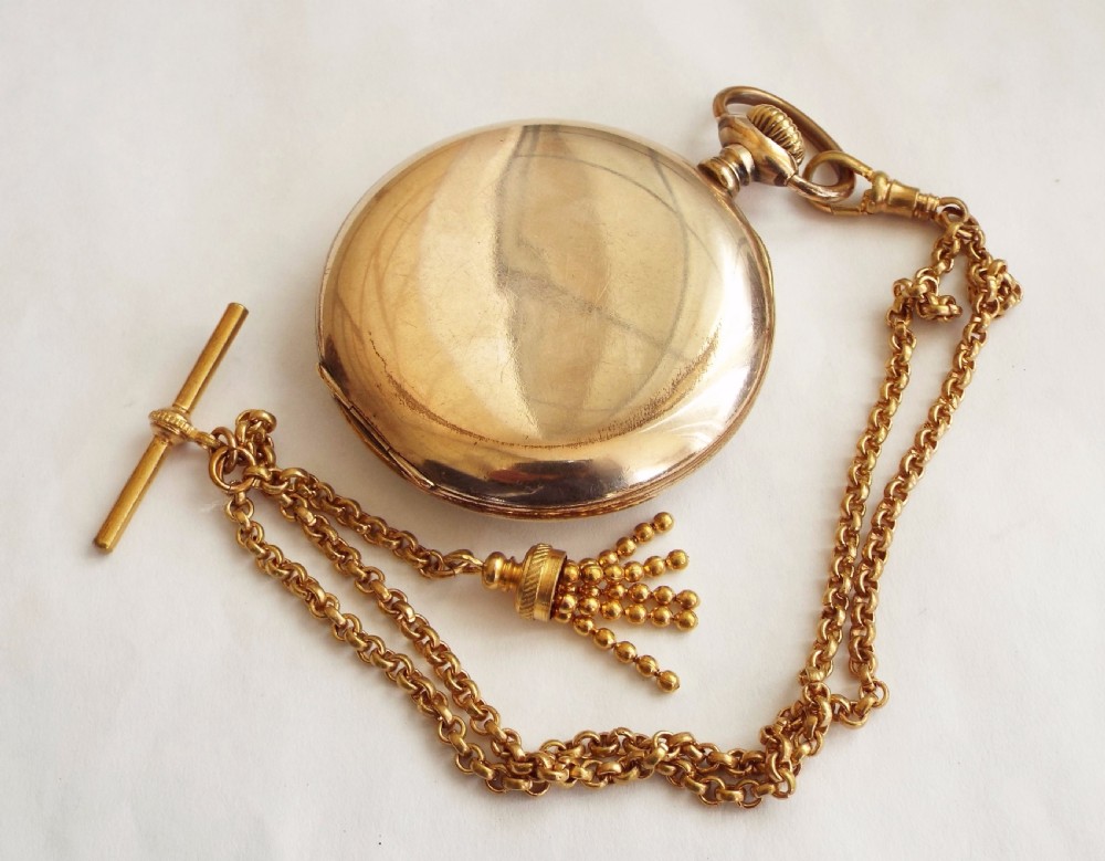 1920s Swiss gold plated pocket watch with chain View III