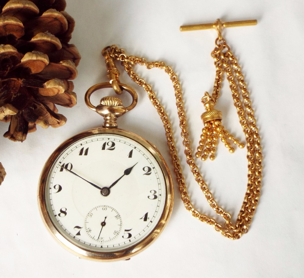 1920s Swiss gold plated pocket watch with chain View IV