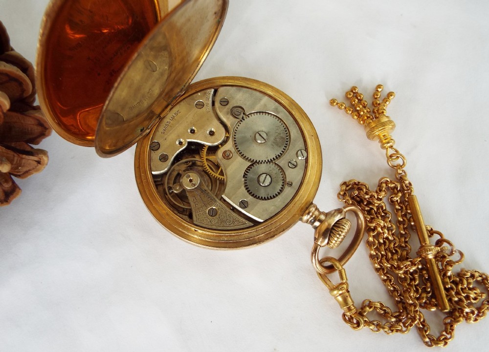 1920s Swiss gold plated pocket watch with chain View V