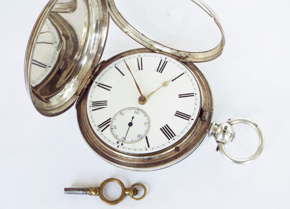 Antique English silver hunter pocket watch, 1873 View II