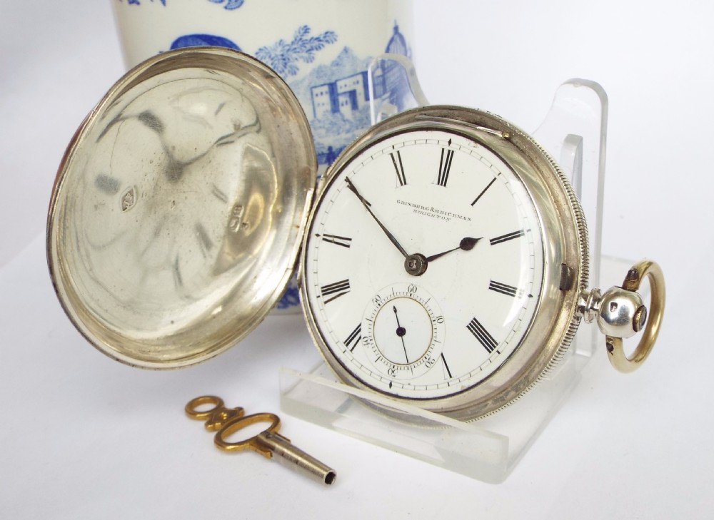 English silver full hunter pocket watch by Grinberg & Reichmann, 1875