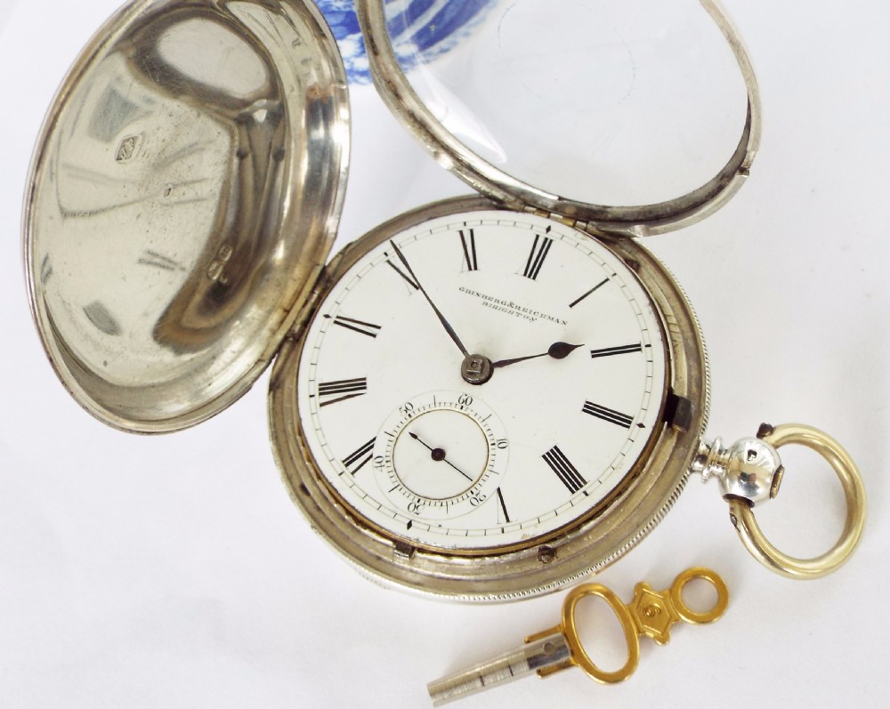 English silver full hunter pocket watch by Grinberg & Reichmann, 1875 View II