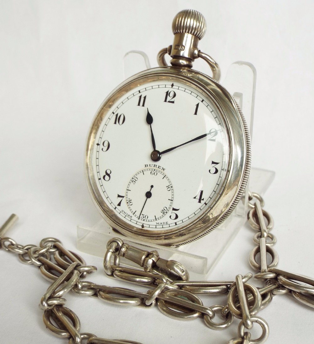 1930s silver Buren Grand Prix pocket watch & chain