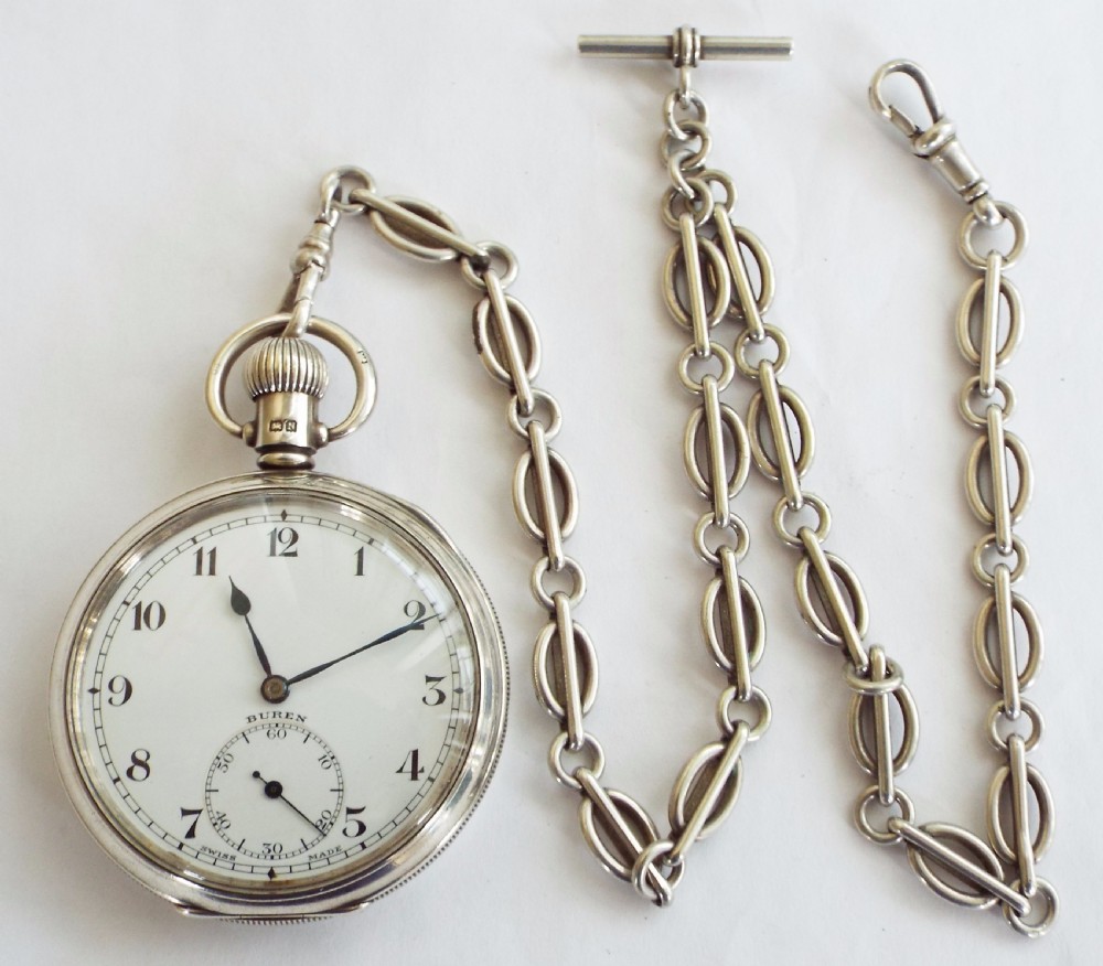 1930s silver Buren Grand Prix pocket watch & chain View II