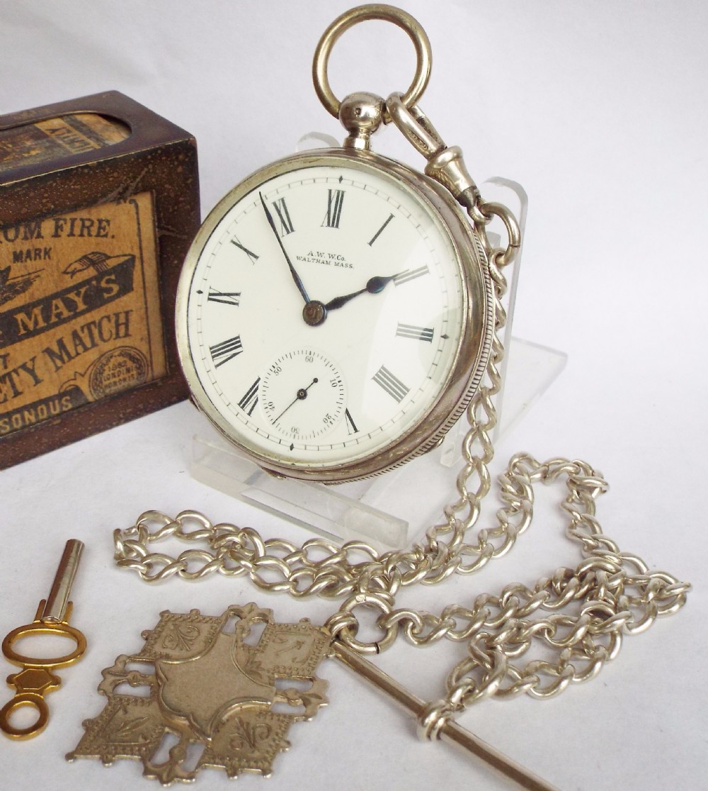 Antique Waltham silver pocket watch with chain