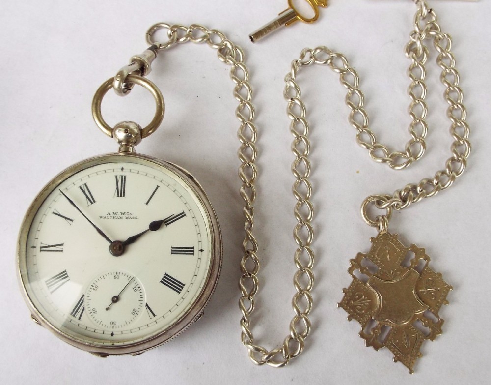 Antique Waltham silver pocket watch with chain View II