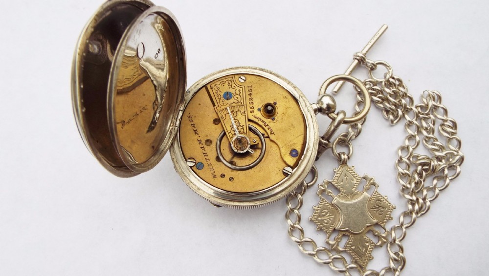Antique Waltham silver pocket watch with chain View IV