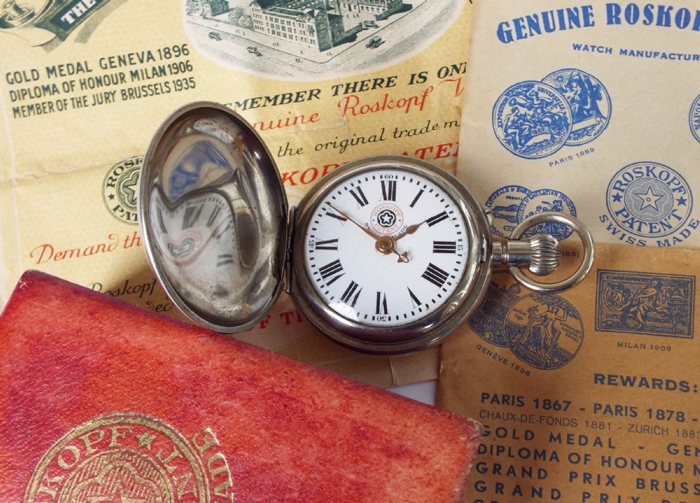 1930s boxed Roskopf Patent hunter pocket watch 