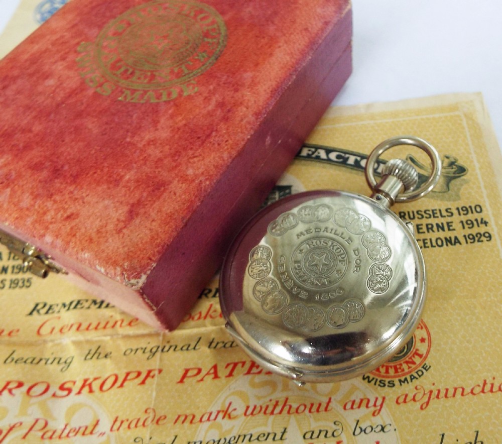 1930s boxed Roskopf Patent hunter pocket watch  View II