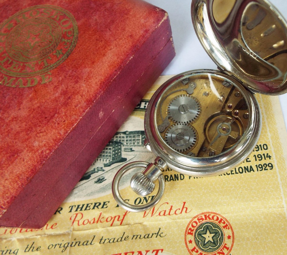 1930s boxed Roskopf Patent hunter pocket watch  View III