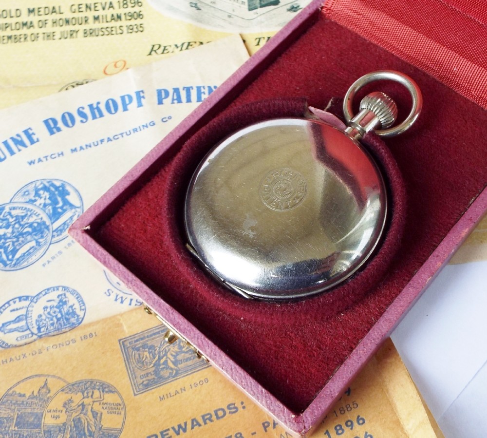 1930s boxed Roskopf Patent hunter pocket watch  View IV