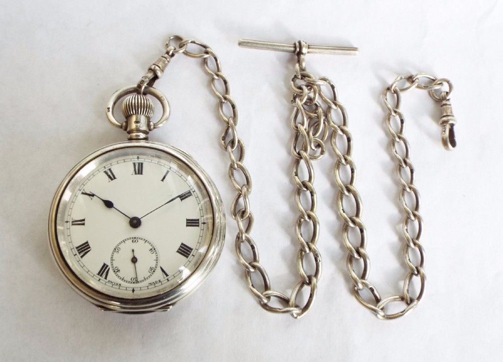 1921 silver open faced pocket watch and chain View II