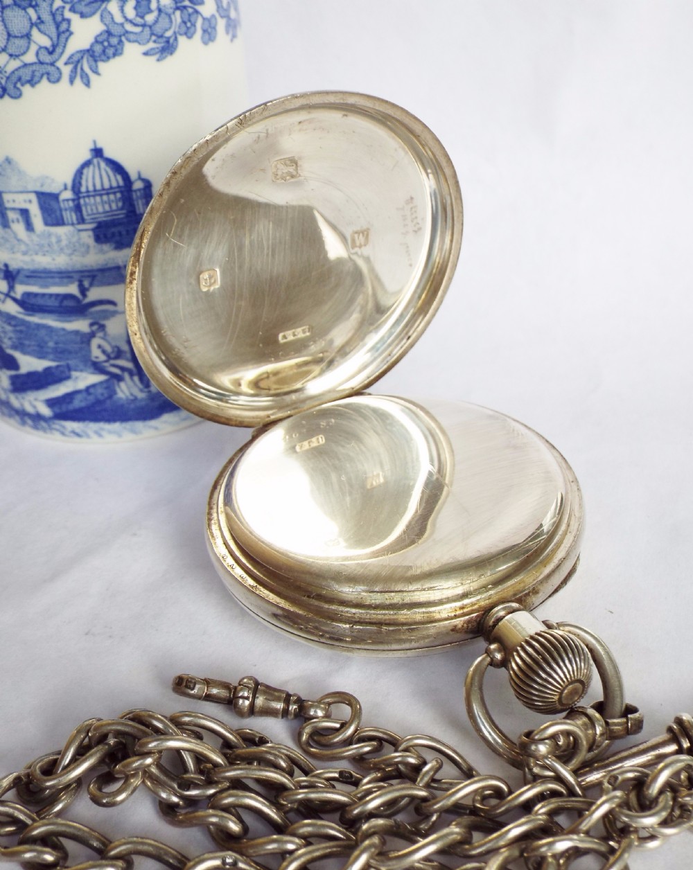 1921 silver open faced pocket watch and chain View IV