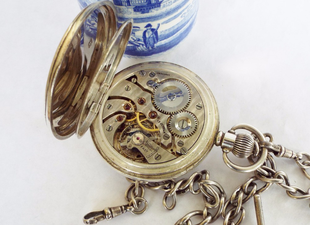 1921 silver open faced pocket watch and chain View V