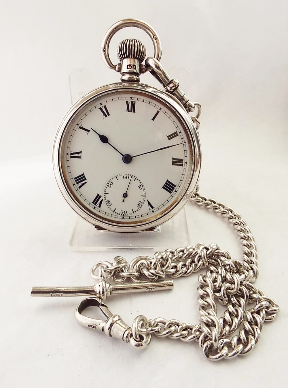 Antique 1926 silver English Lever pocket watch, with 1926 albert chain.