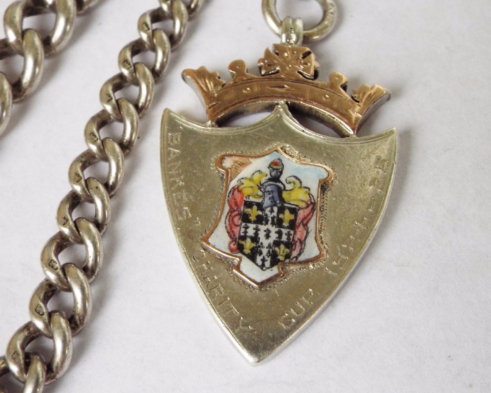 Antique silver single watch chain with fob View II
