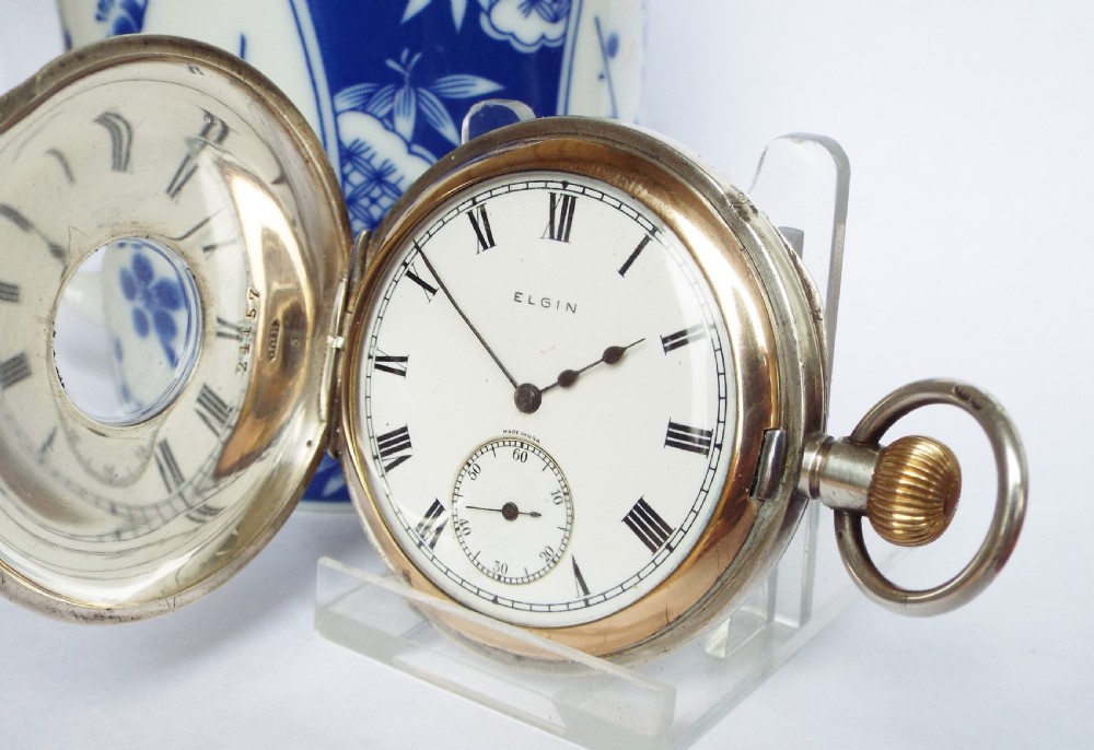 Antique 1918 silver  Elgin half hunter pocket watch