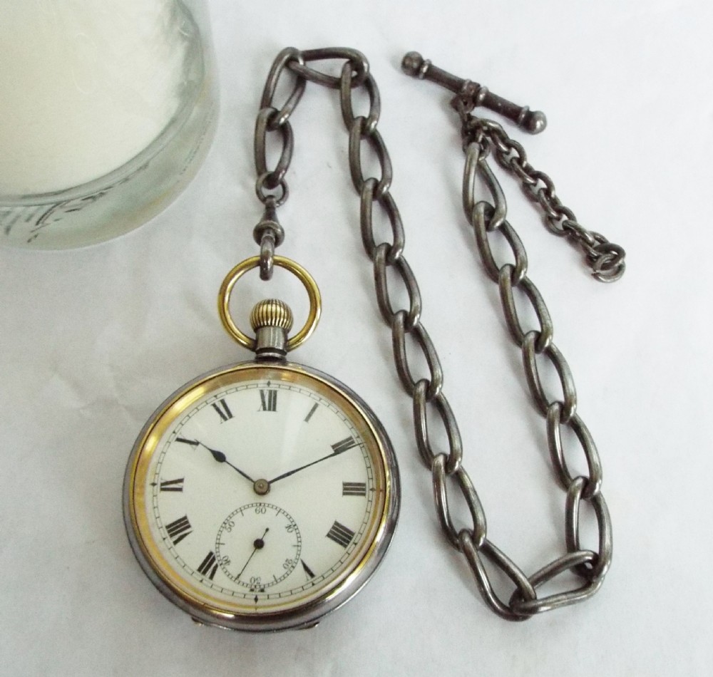Antique gun metal pocket watch with albert View II