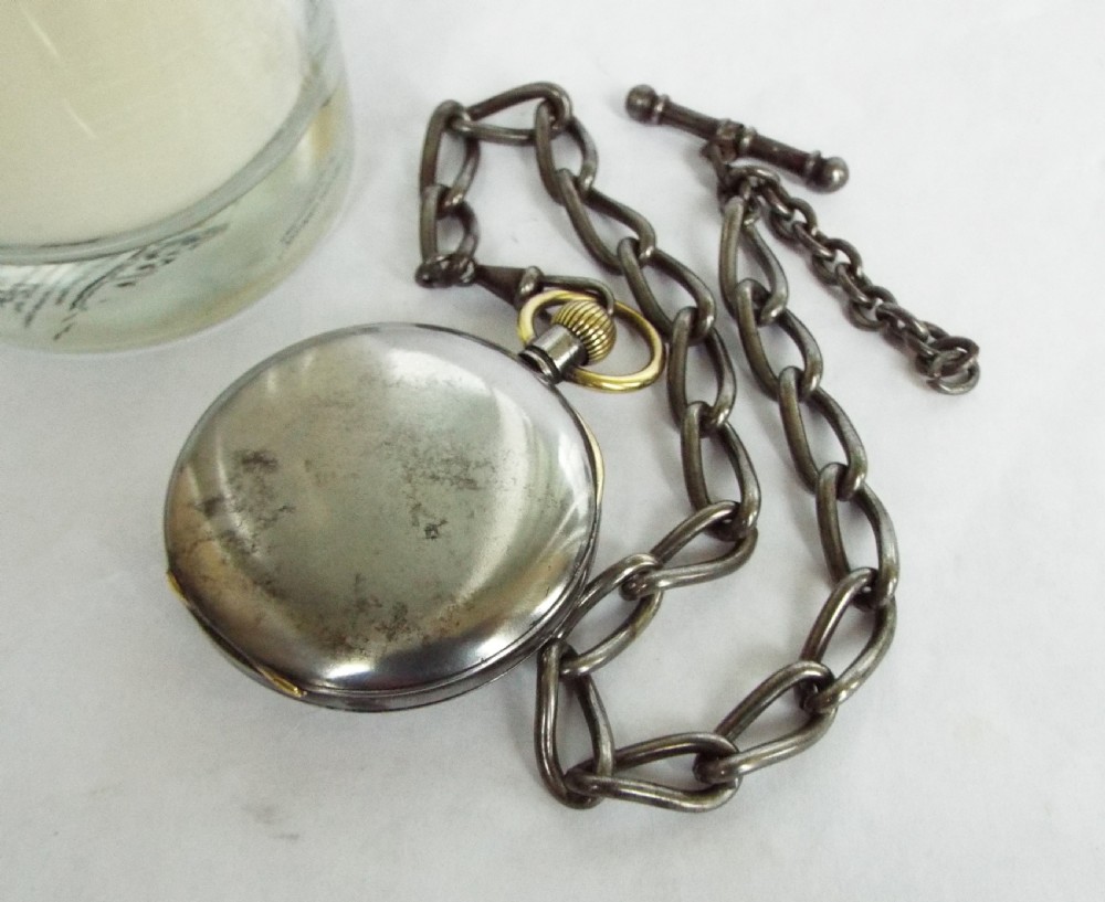 Antique gun metal pocket watch with albert View V