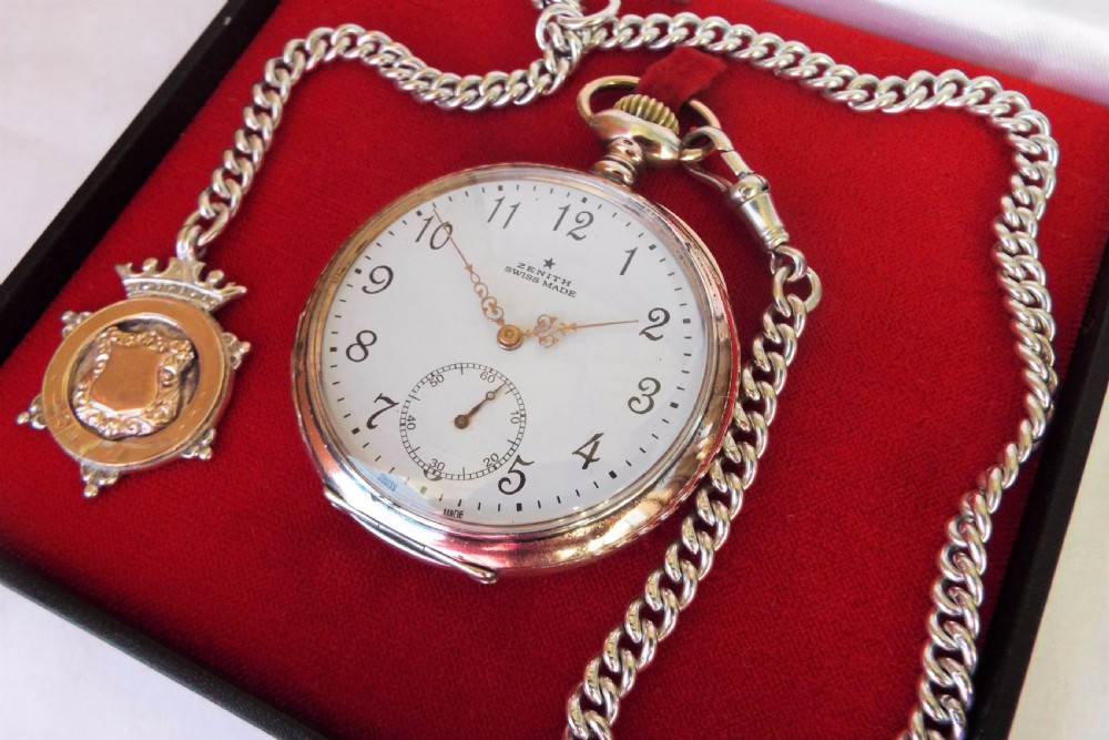 Antique Zenith silver pocket watch with silver chain