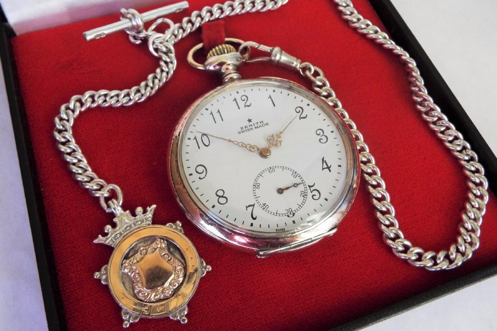 Antique Zenith silver pocket watch with silver chain View II