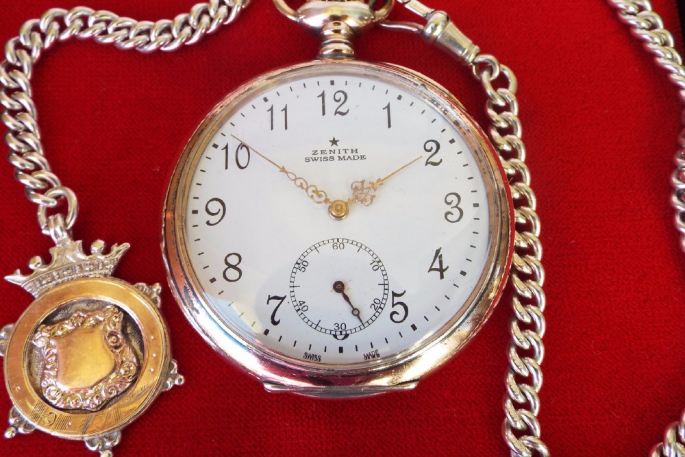 Antique Zenith silver pocket watch with silver chain View III