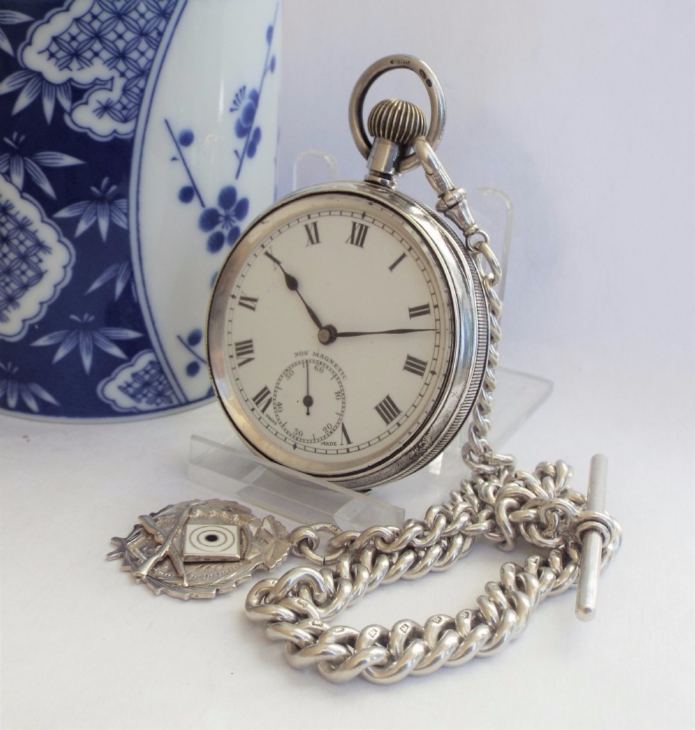 1918 silver pocket watch, albert and shooting fob