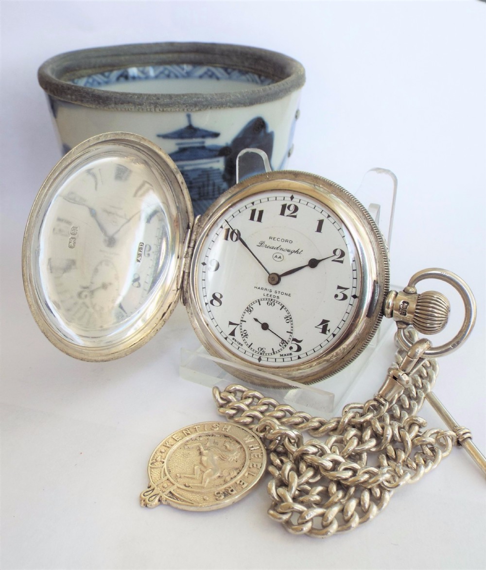 1929 silver Record Dreadnought hunter pocket watch