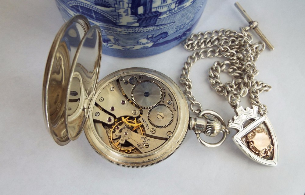 Antique silver Vertex pocket watch and albert View III