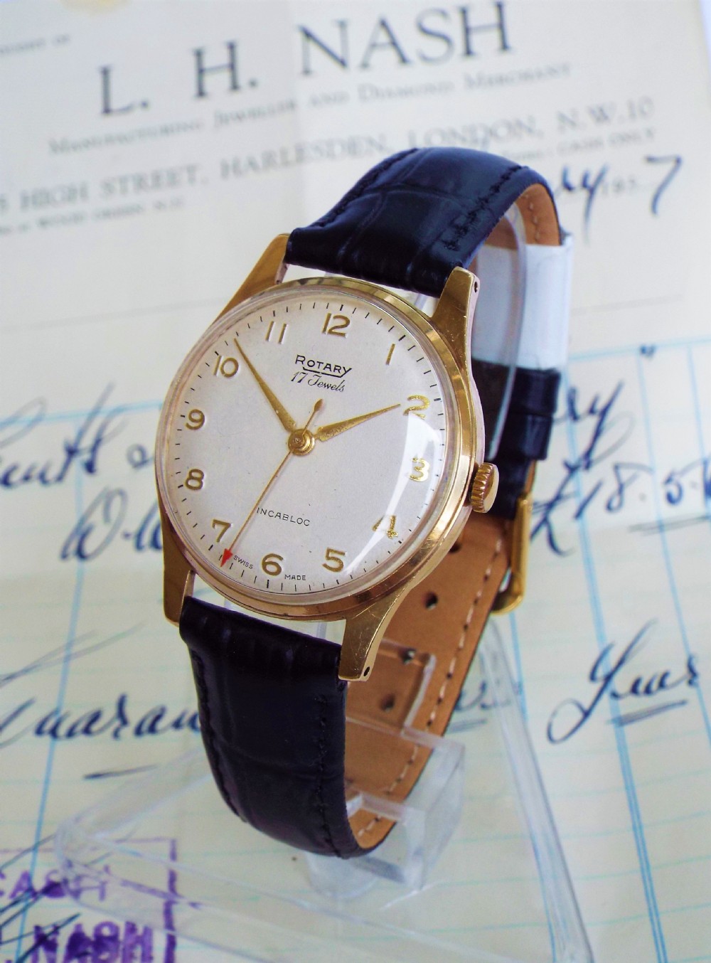 Gents 9ct gold Rotary watch 1957, original receipt