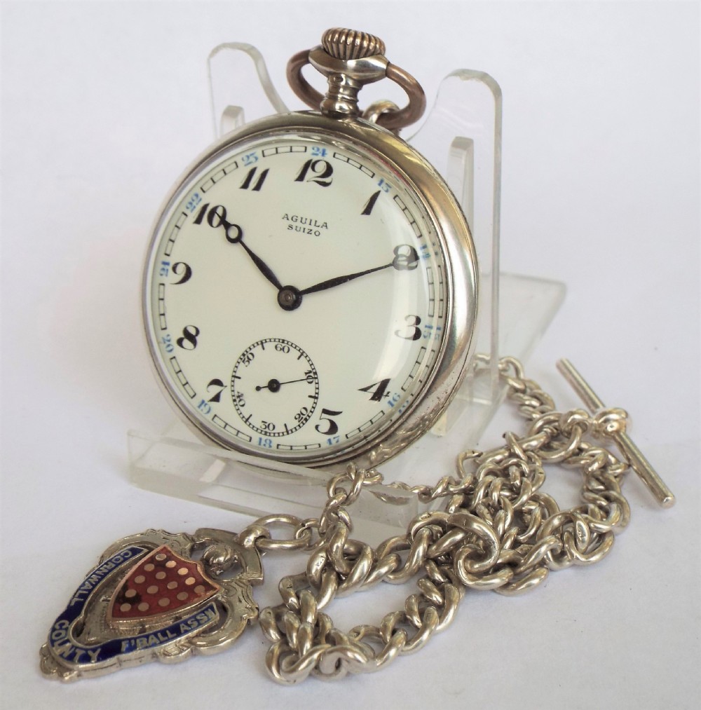 Silver Art Nouveau Aguila Suizo watch and chain