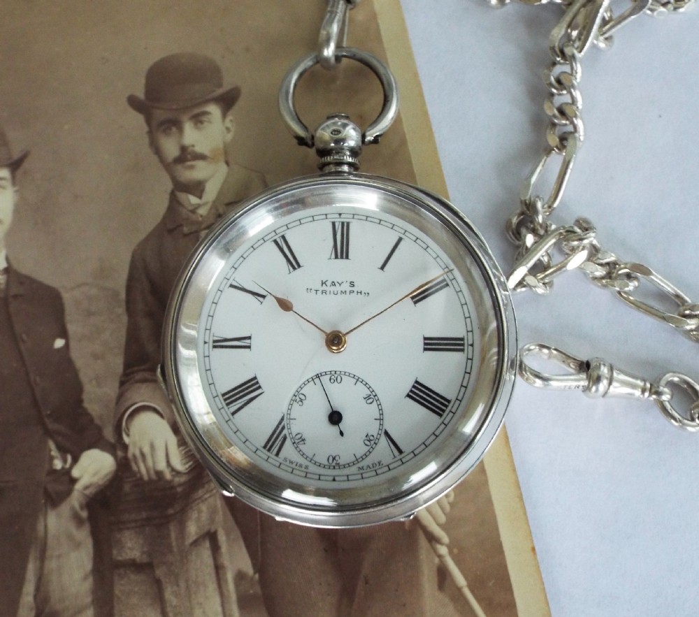 1909 Kays Triumph silver pocket watch with albert View II