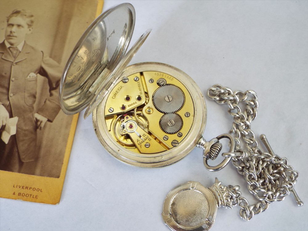 1940s silver Omega pocket watch with chain View III