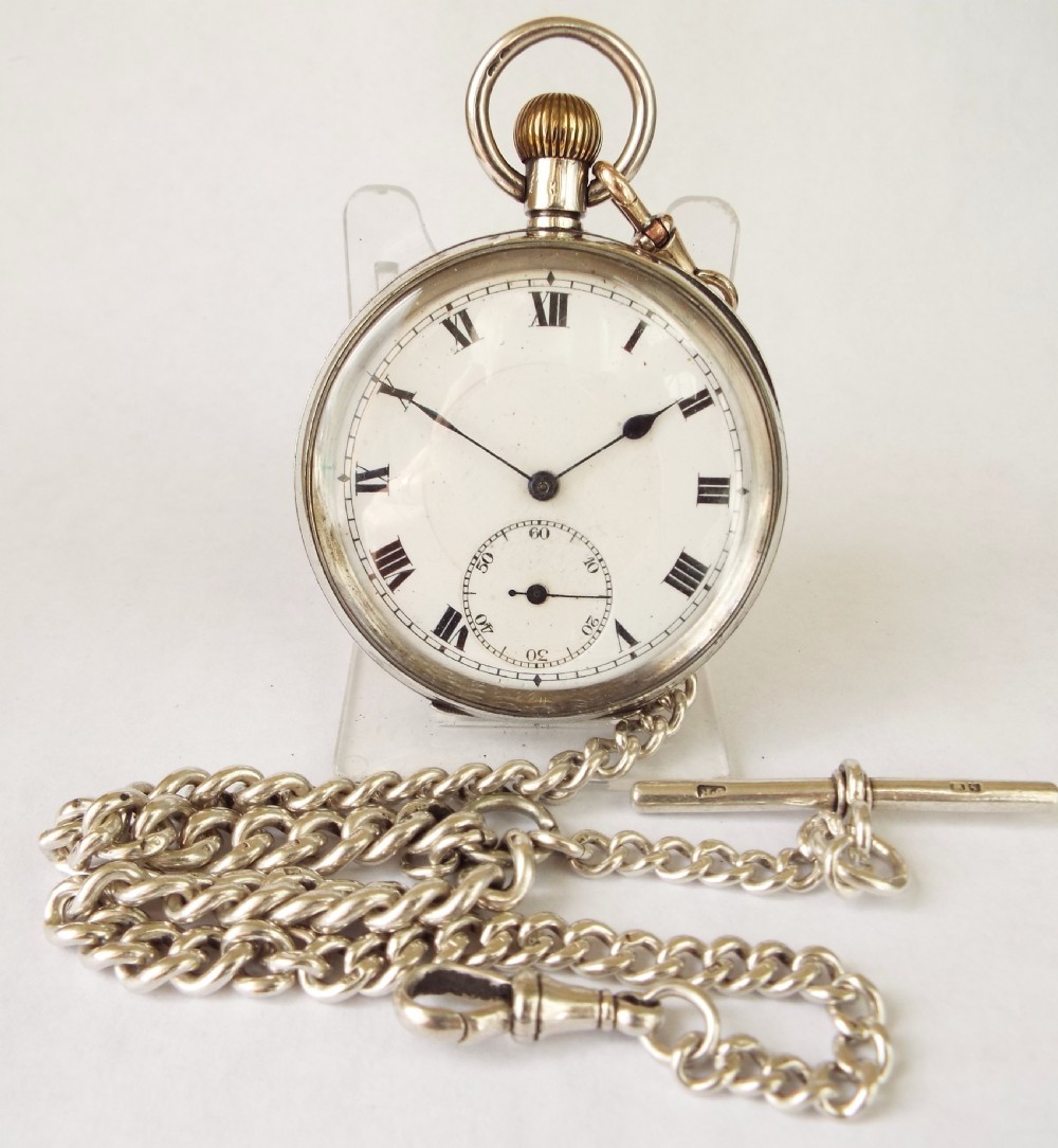 Antique 1919 Nidor silver pocket watch & chain.
