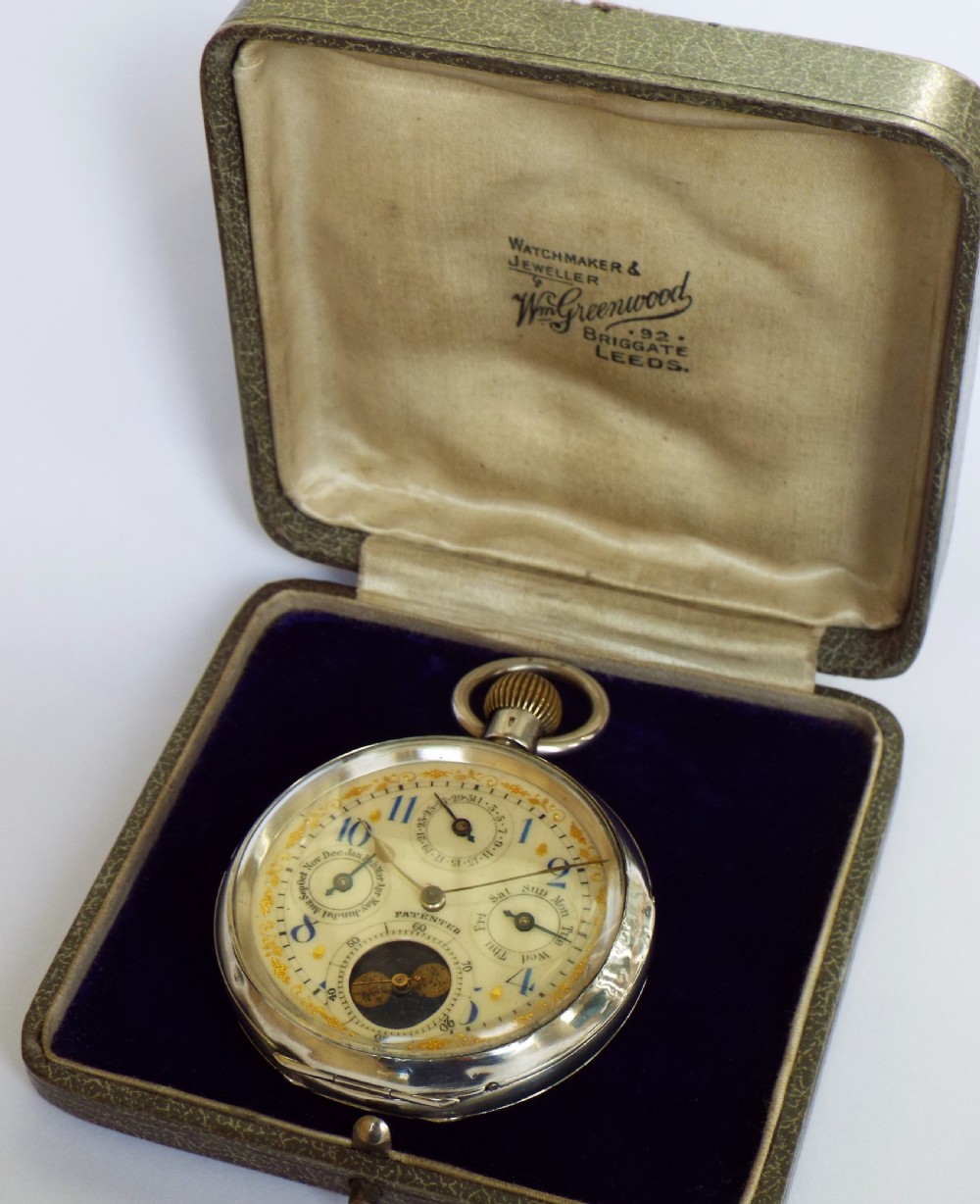 Antique silver triple date pocket watch,  Sandoz-Boucherin View II