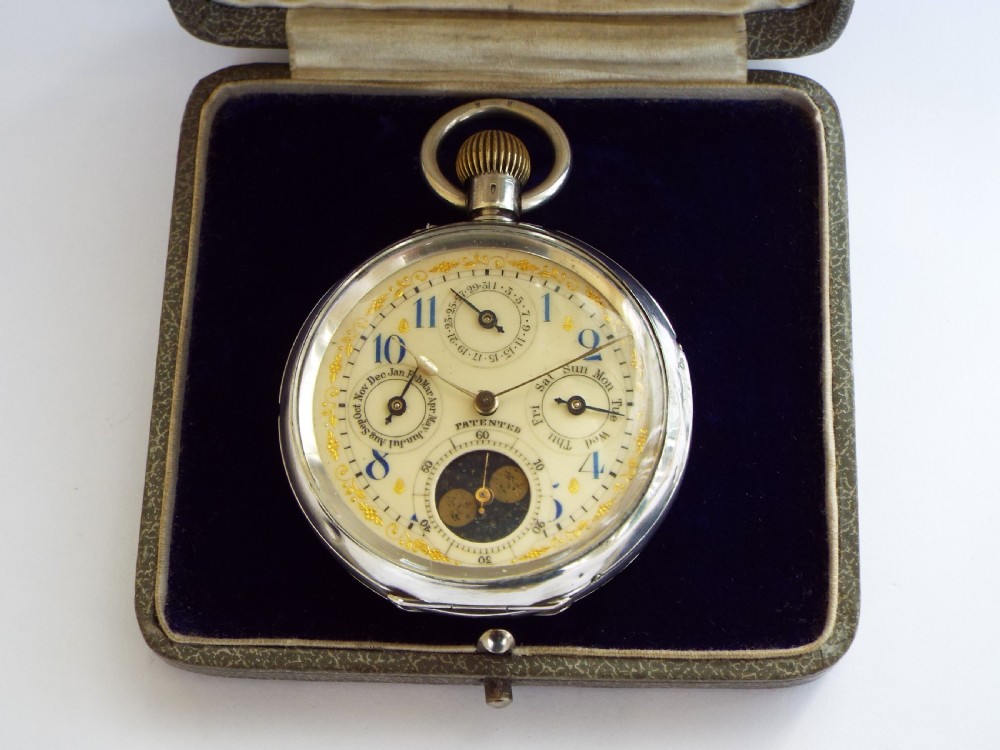Antique silver triple date pocket watch,  Sandoz-Boucherin View III