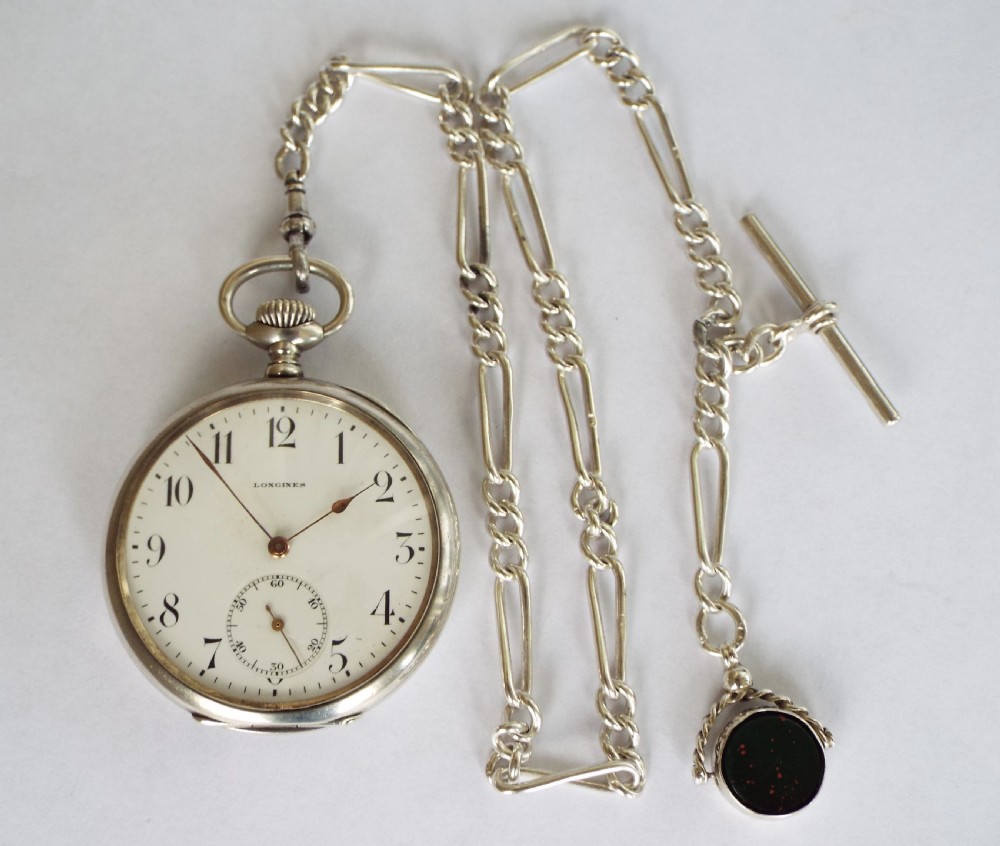 1923 silver Longines pocket watch, chain & swivel View II