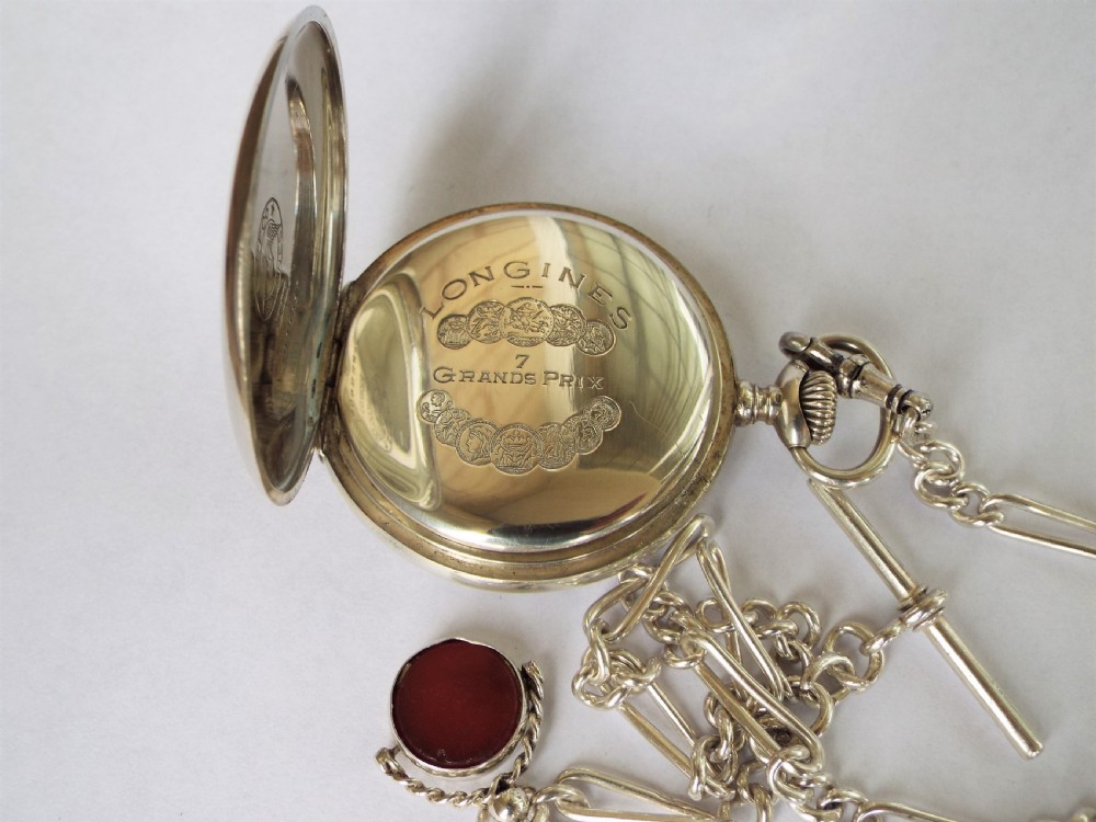 1923 silver Longines pocket watch, chain & swivel View III