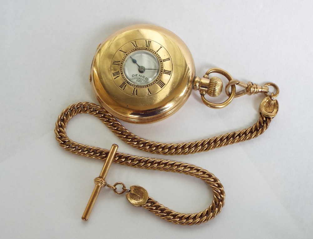 Denco half hunter pocket watch & horse shoe albert