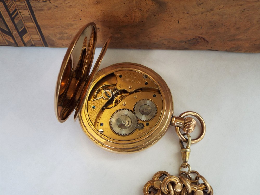 1908 Waltham Bond St hunter pocket watch & chain View V