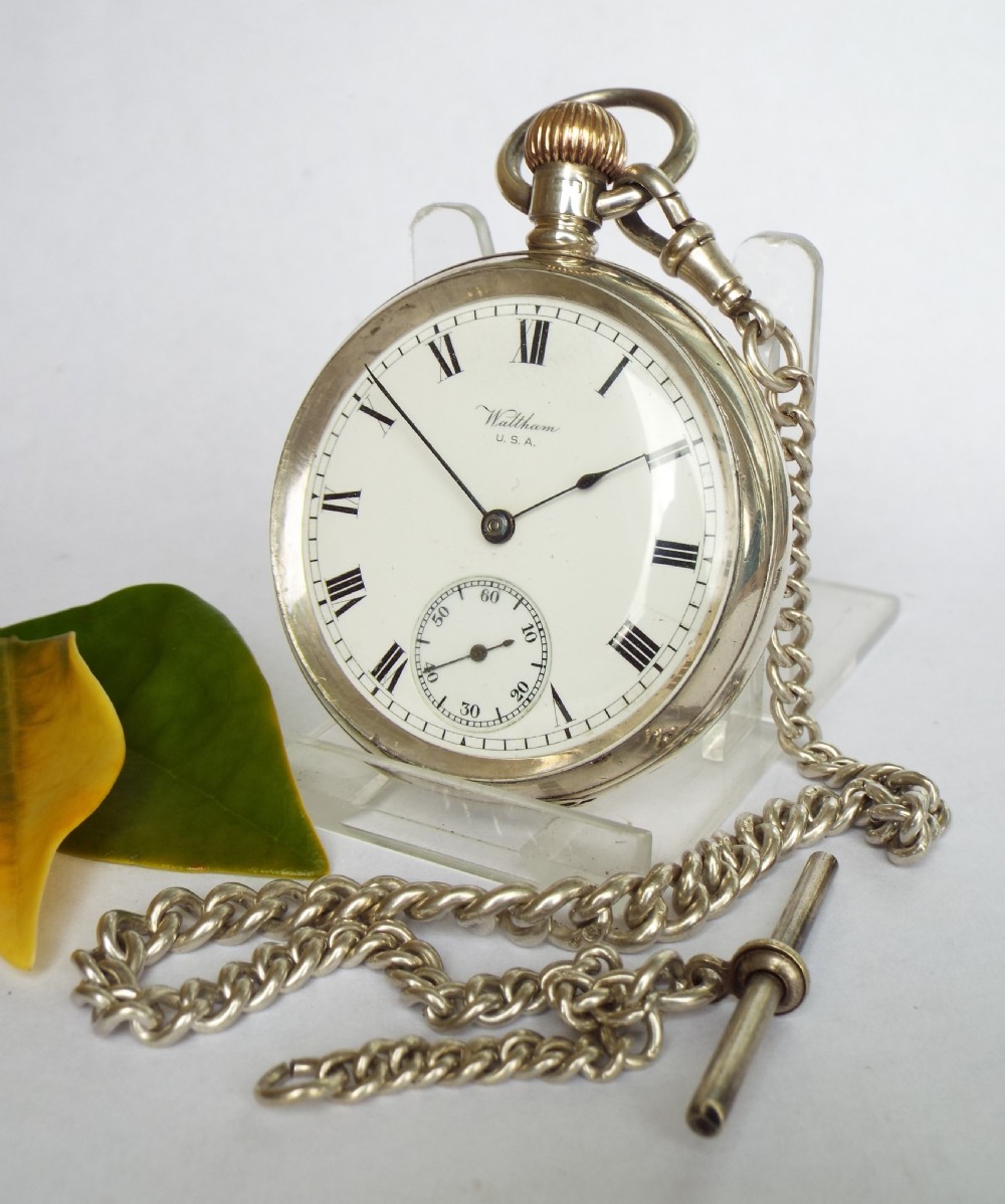 1909 silver Waltham Marquis pocket watch & chain