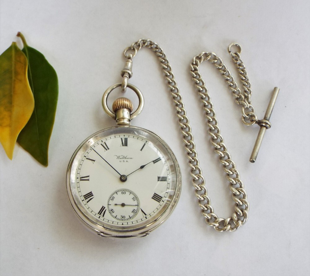1909 silver Waltham Marquis pocket watch & chain View II