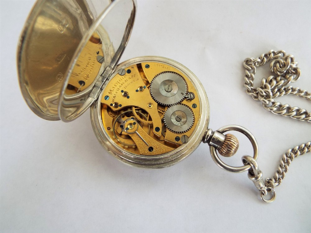 1909 silver Waltham Marquis pocket watch & chain View III