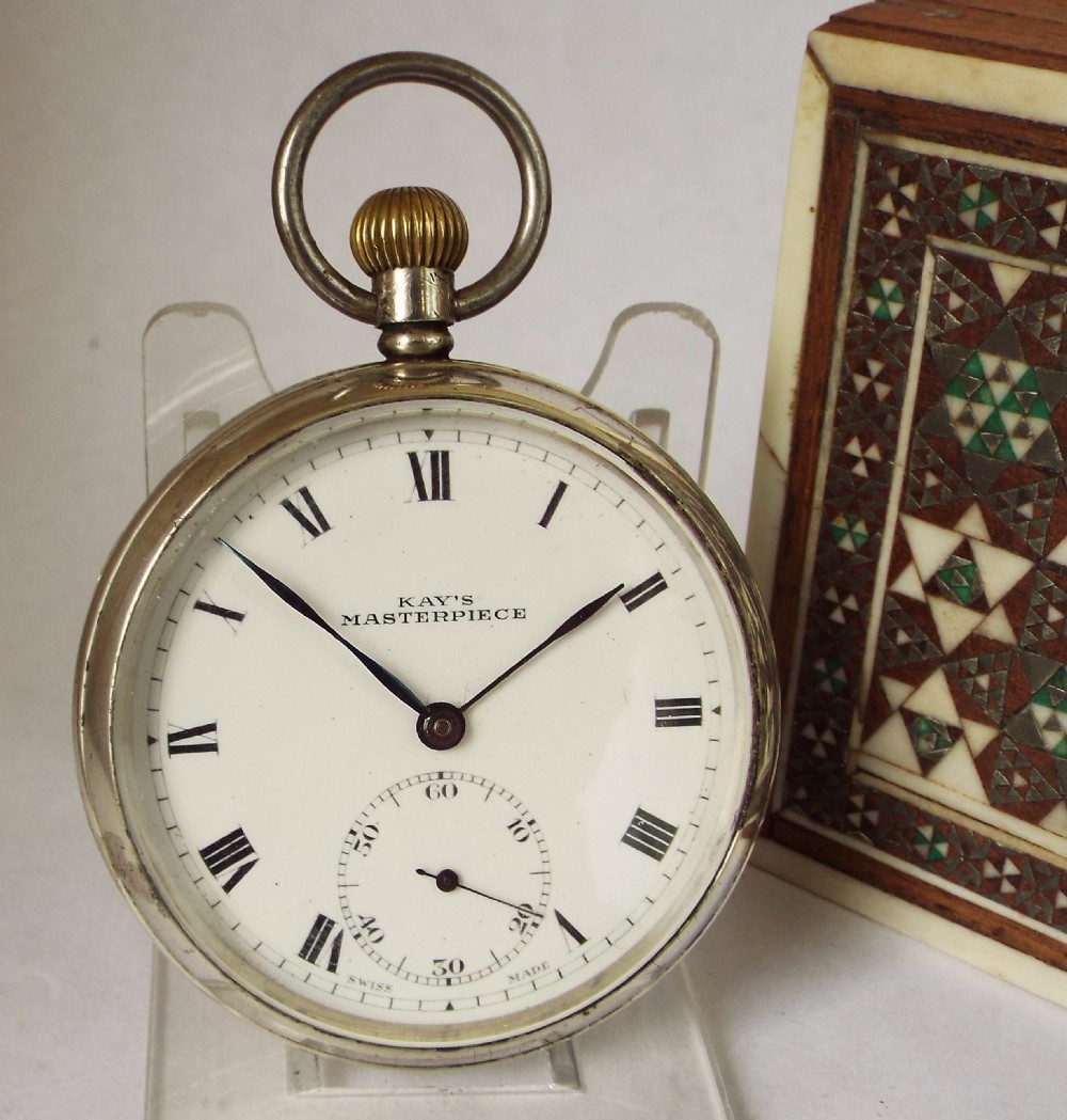 A 1930s Kays Masterpiece silver pocket watch.