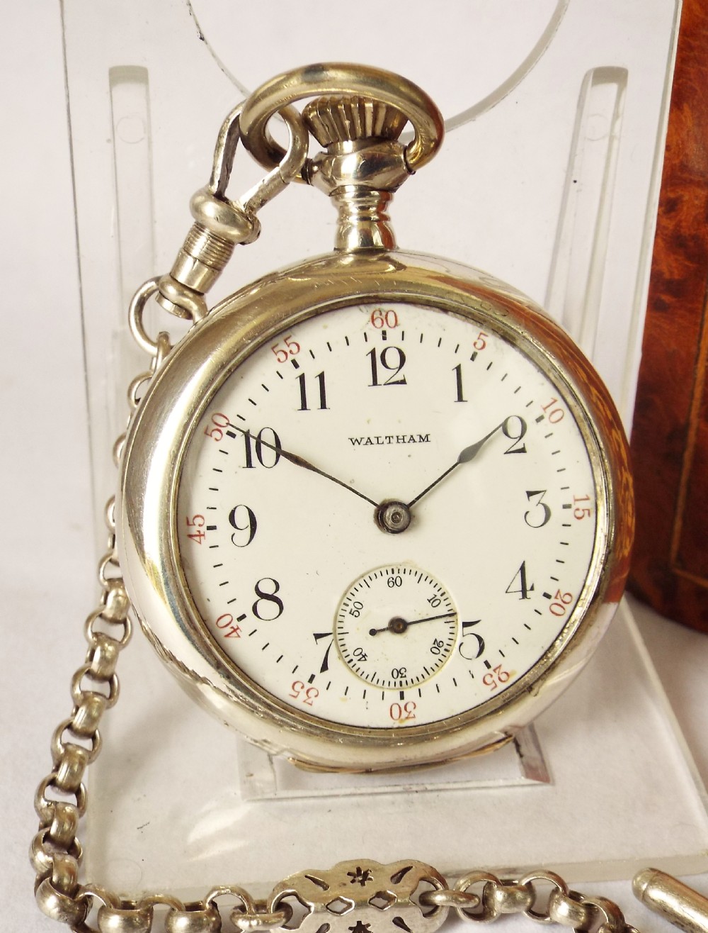 A ladies silver antique Waltham fob watch with albertina. View II